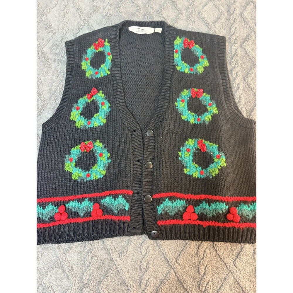 Vintage BLAIRE BOUTIQUE Black Christmas Sweater Cardigan Vest Hand Knit 2XL